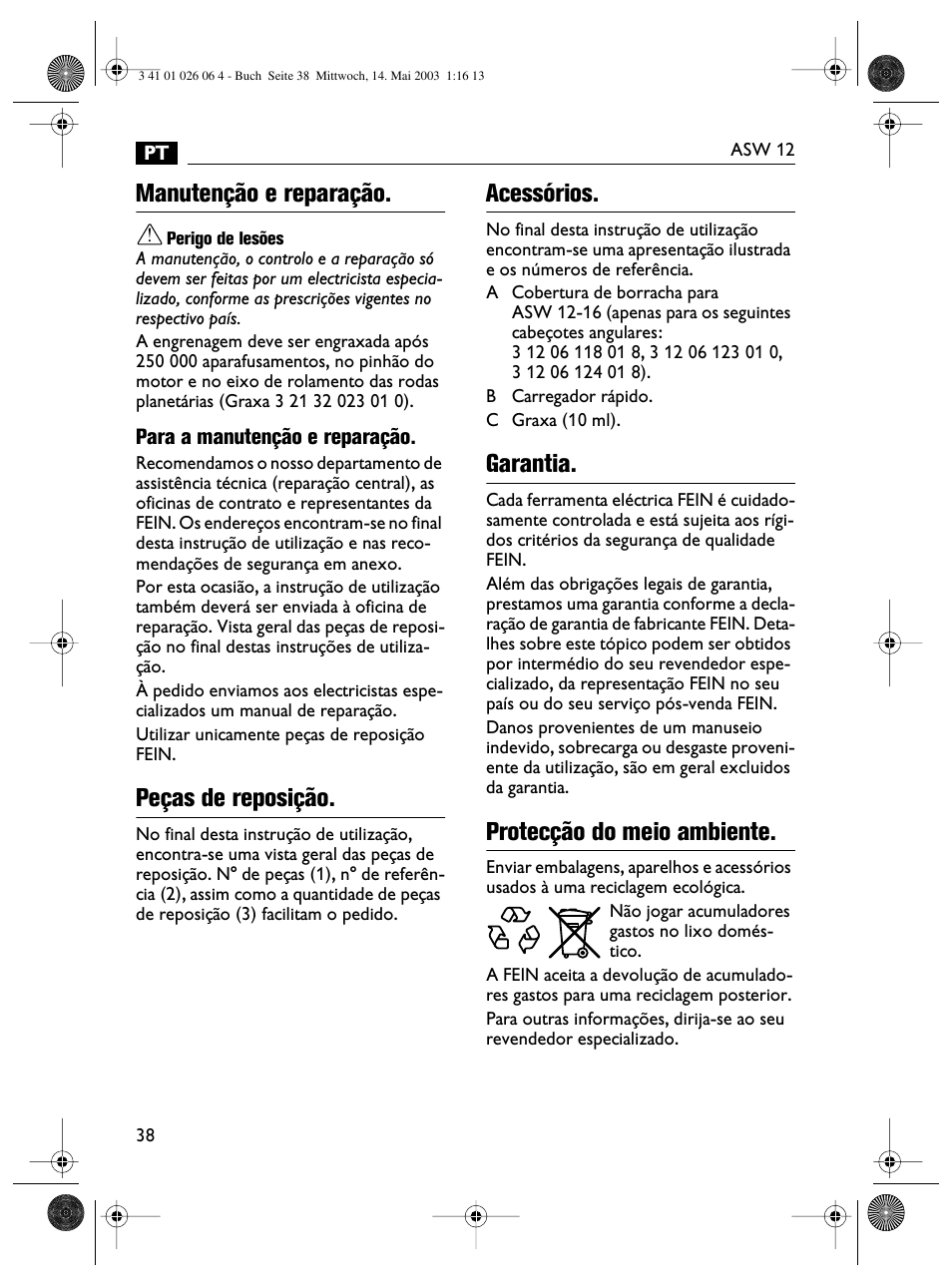 Manutenção e reparação, Peças de reposição, Acessórios | Garantia, Protecção do meio ambiente | Fein ASW12-25 User Manual | Page 38 / 95