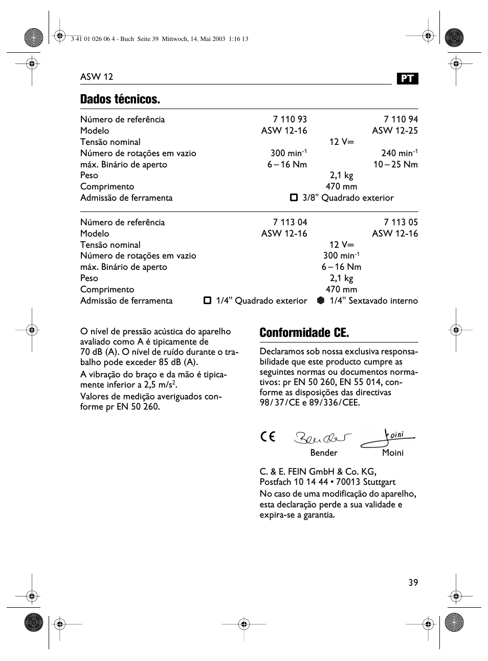 Dados técnicos, Conformidade ce | Fein ASW12-25 User Manual | Page 39 / 95