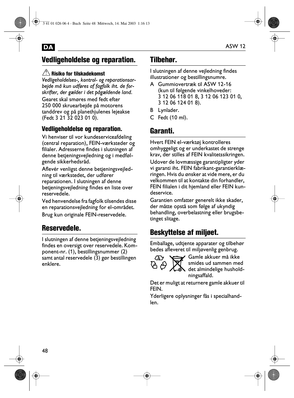 Vedligeholdelse og reparation, Reservedele, Tilbehør | Garanti, Beskyttelse af miljøet | Fein ASW12-25 User Manual | Page 48 / 95