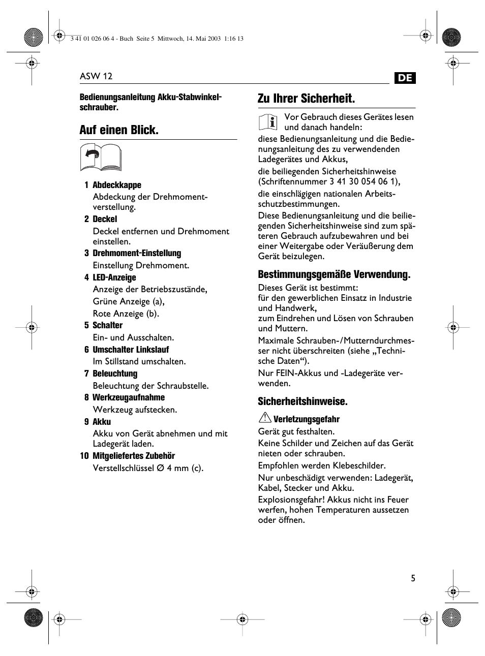Auf einen blick, Zu ihrer sicherheit | Fein ASW12-25 User Manual | Page 5 / 95