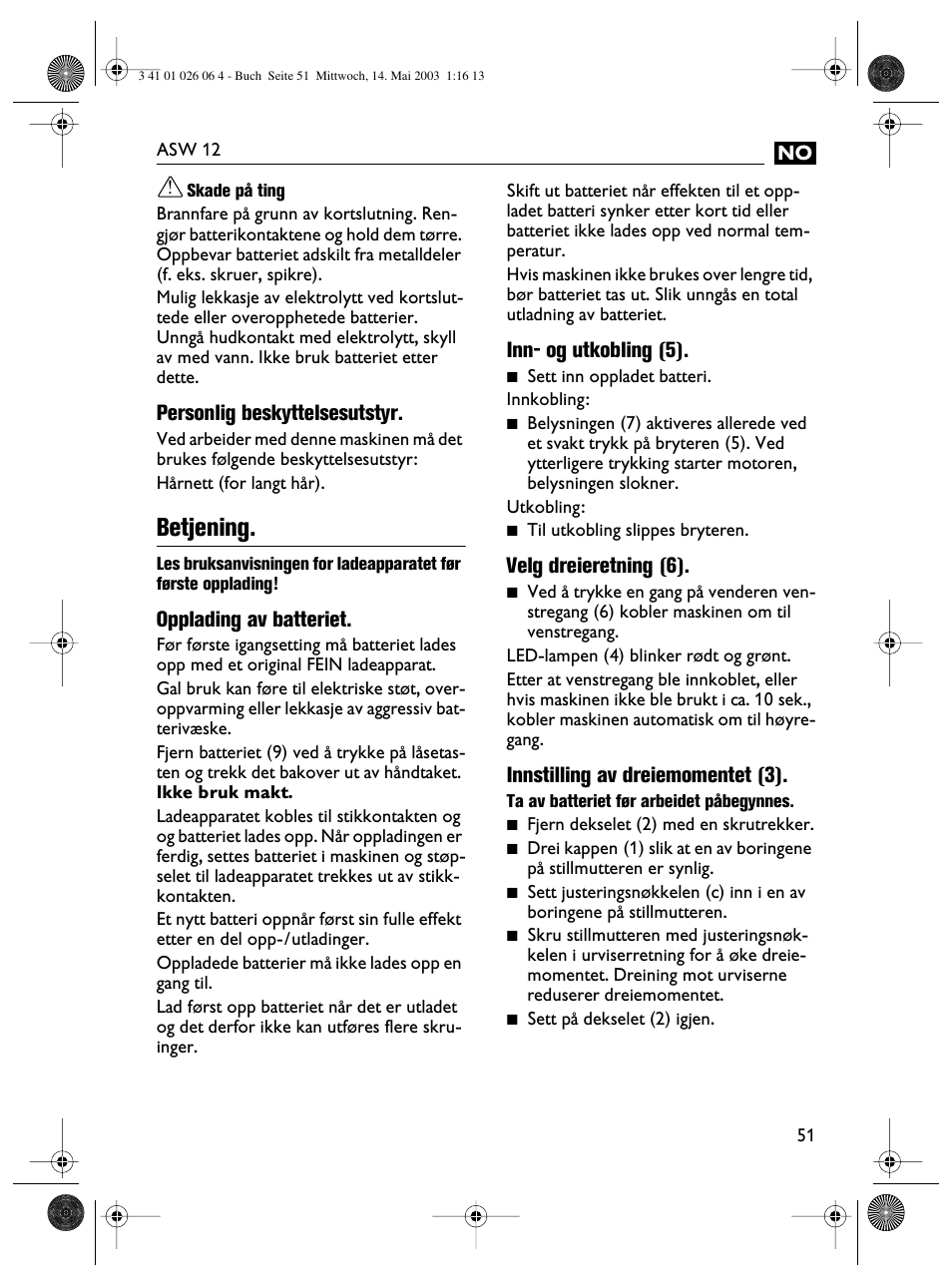 Betjening | Fein ASW12-25 User Manual | Page 51 / 95