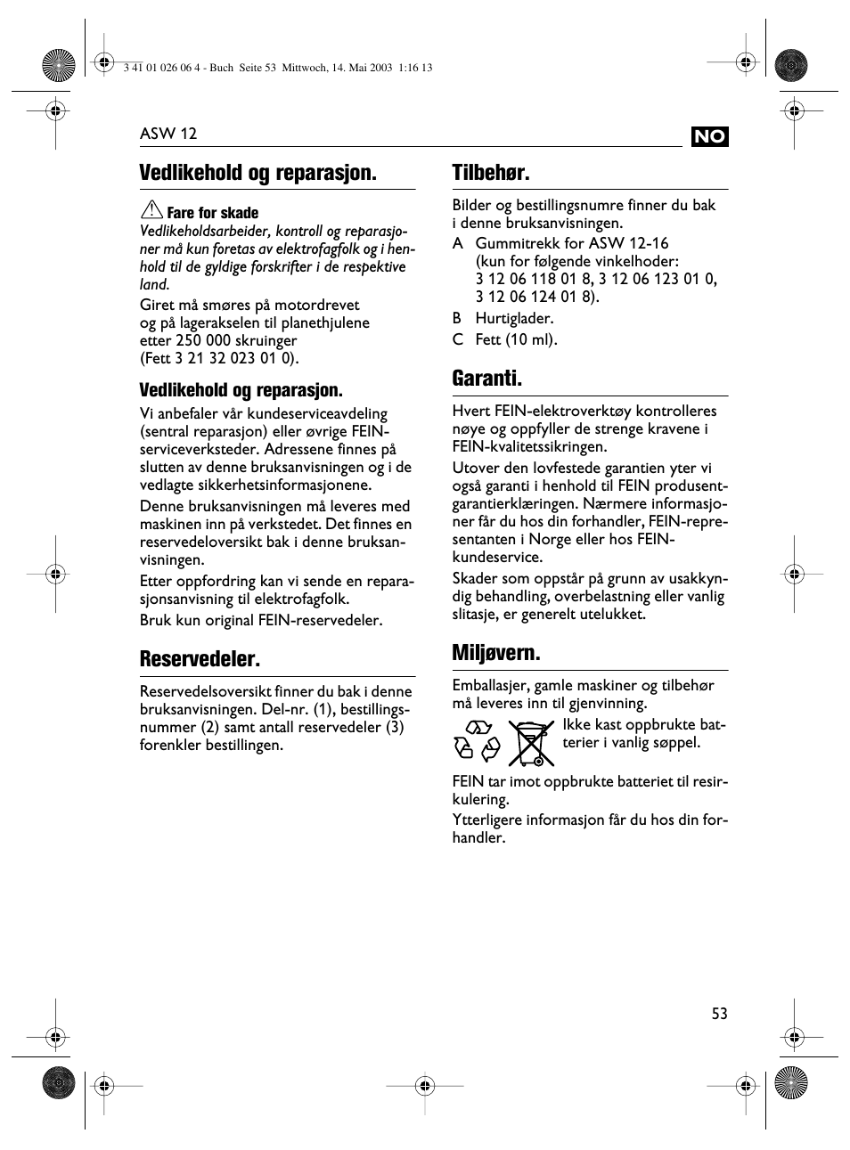 Vedlikehold og reparasjon, Reservedeler, Tilbehør | Garanti, Miljøvern | Fein ASW12-25 User Manual | Page 53 / 95