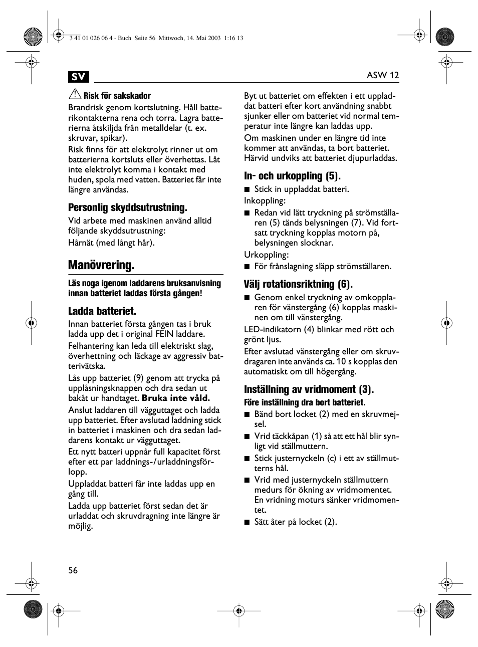 Manövrering | Fein ASW12-25 User Manual | Page 56 / 95