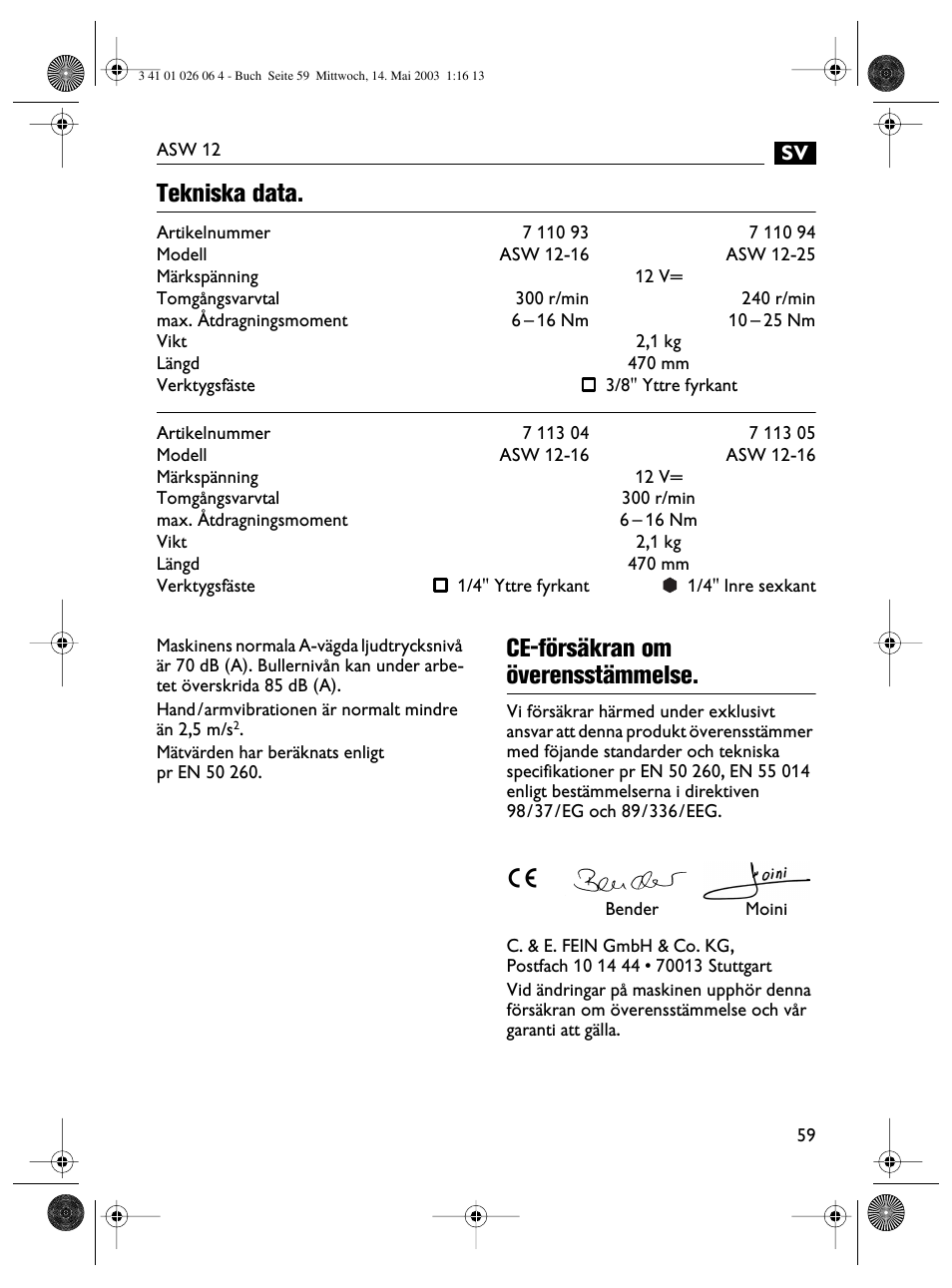 Tekniska data, Ce-försäkran om överensstämmelse | Fein ASW12-25 User Manual | Page 59 / 95