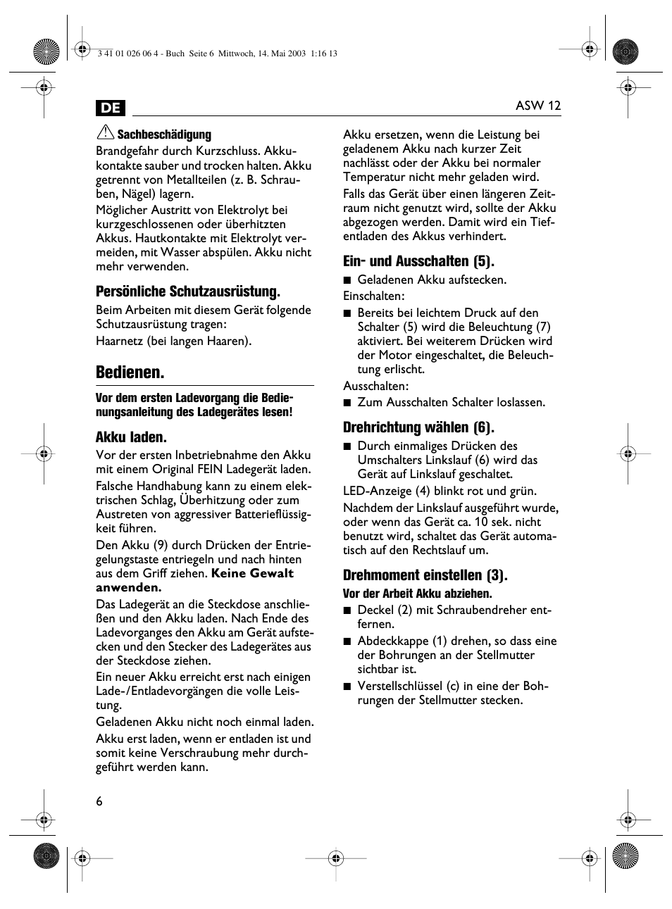 Bedienen | Fein ASW12-25 User Manual | Page 6 / 95