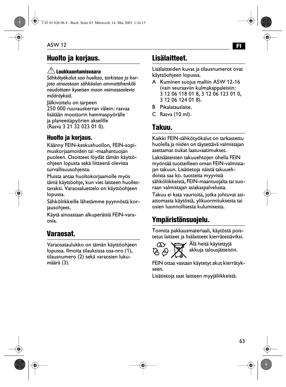 Huolto ja korjaus, Varaosat, Lisälaitteet | Takuu, Ympäristönsuojelu | Fein ASW12-25 User Manual | Page 63 / 95