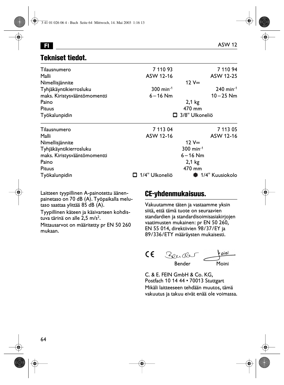 Tekniset tiedot, Ce-yhdenmukaisuus | Fein ASW12-25 User Manual | Page 64 / 95