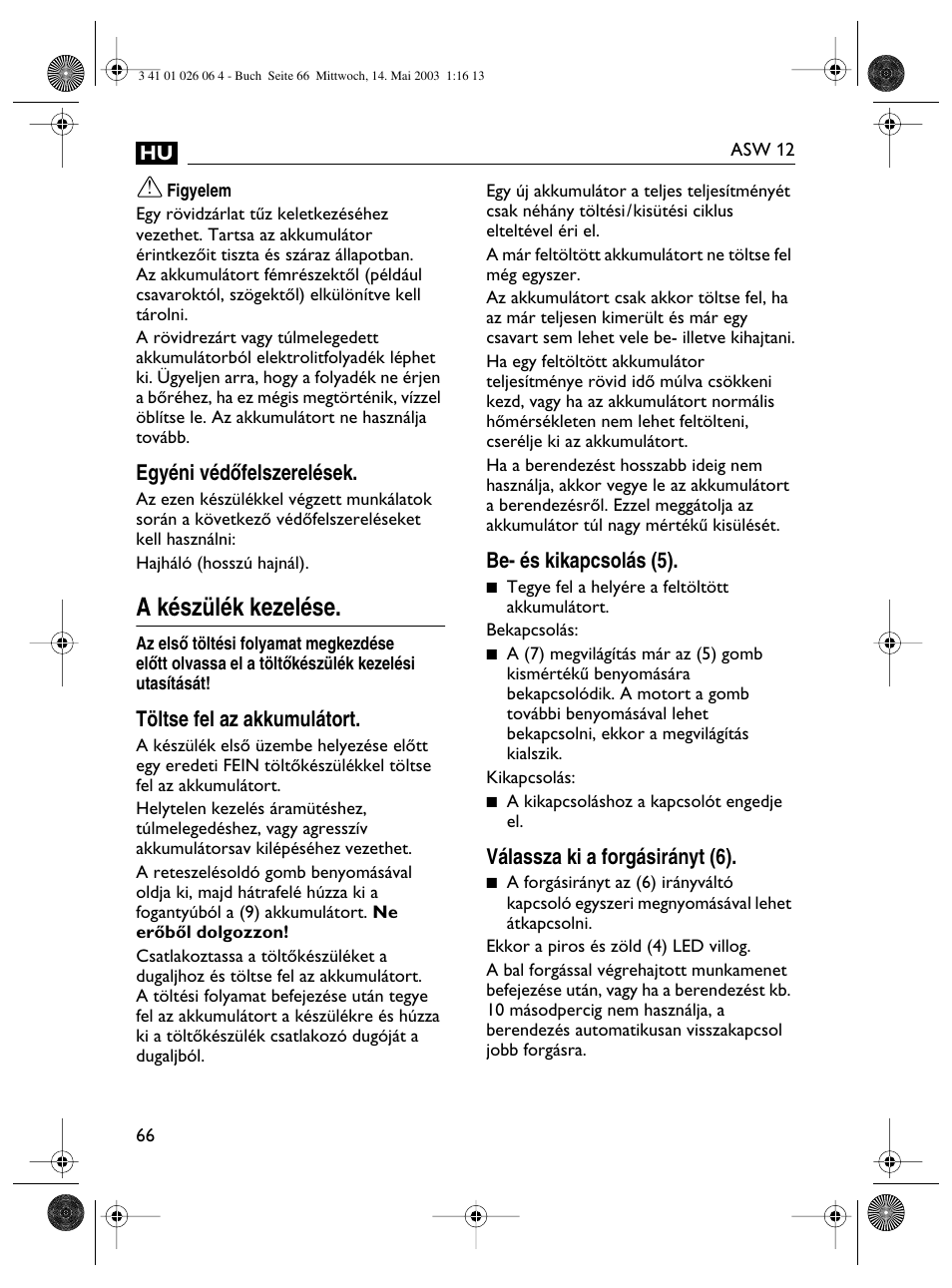 A készülék kezelése | Fein ASW12-25 User Manual | Page 66 / 95