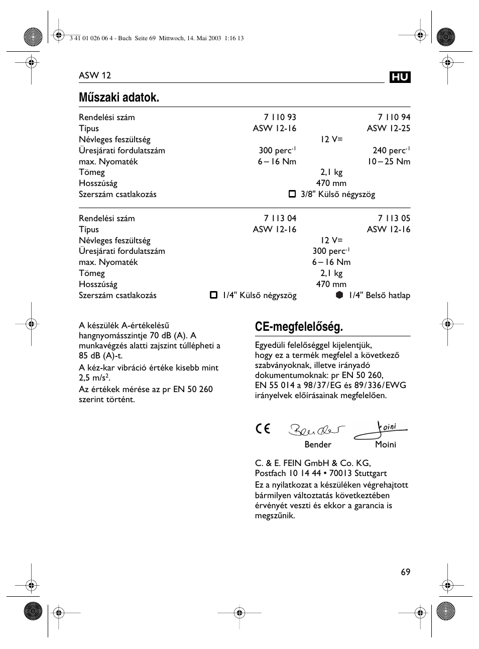 Mıszaki adatok, Ce-megfelelœség | Fein ASW12-25 User Manual | Page 69 / 95