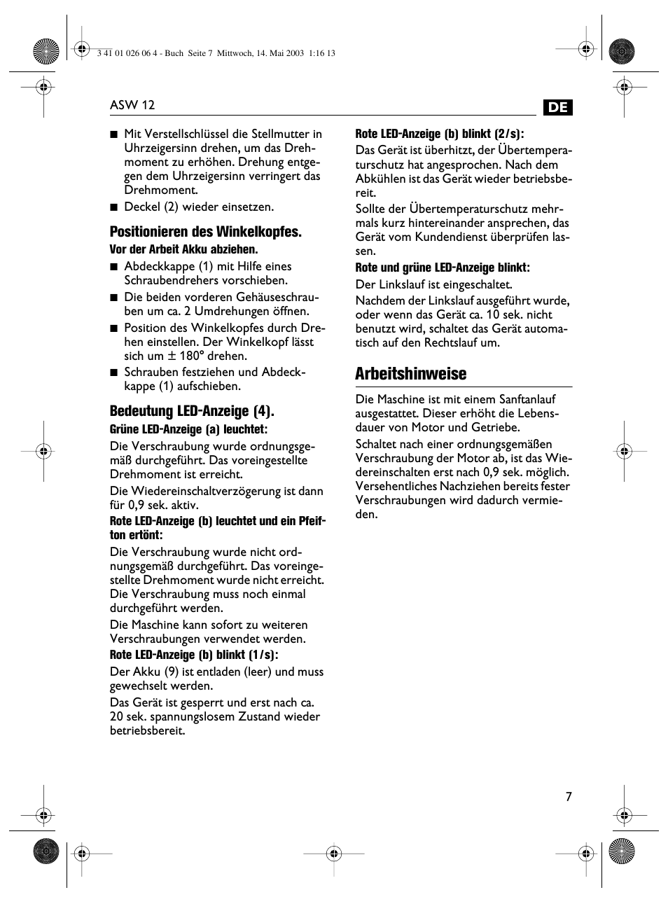 Arbeitshinweise, Positionieren des winkelkopfes, Bedeutung led-anzeige (4) | Fein ASW12-25 User Manual | Page 7 / 95