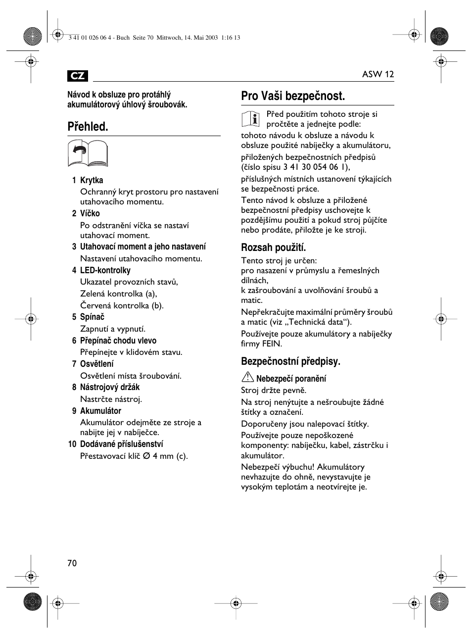 Pﬁehled, Pro va‰i bezpeãnost | Fein ASW12-25 User Manual | Page 70 / 95
