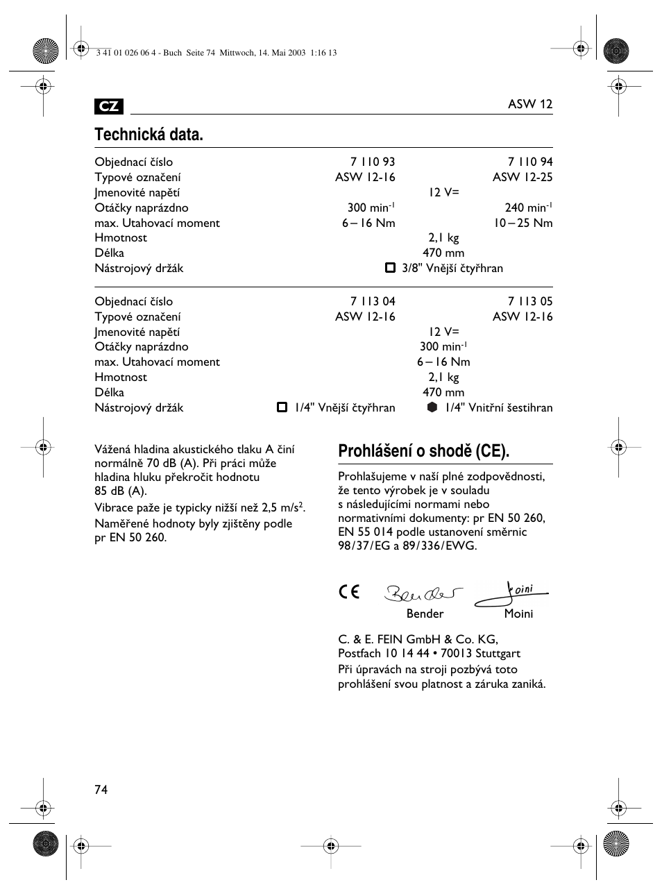 Technická data, Prohlá‰ení o shodû (ce) | Fein ASW12-25 User Manual | Page 74 / 95