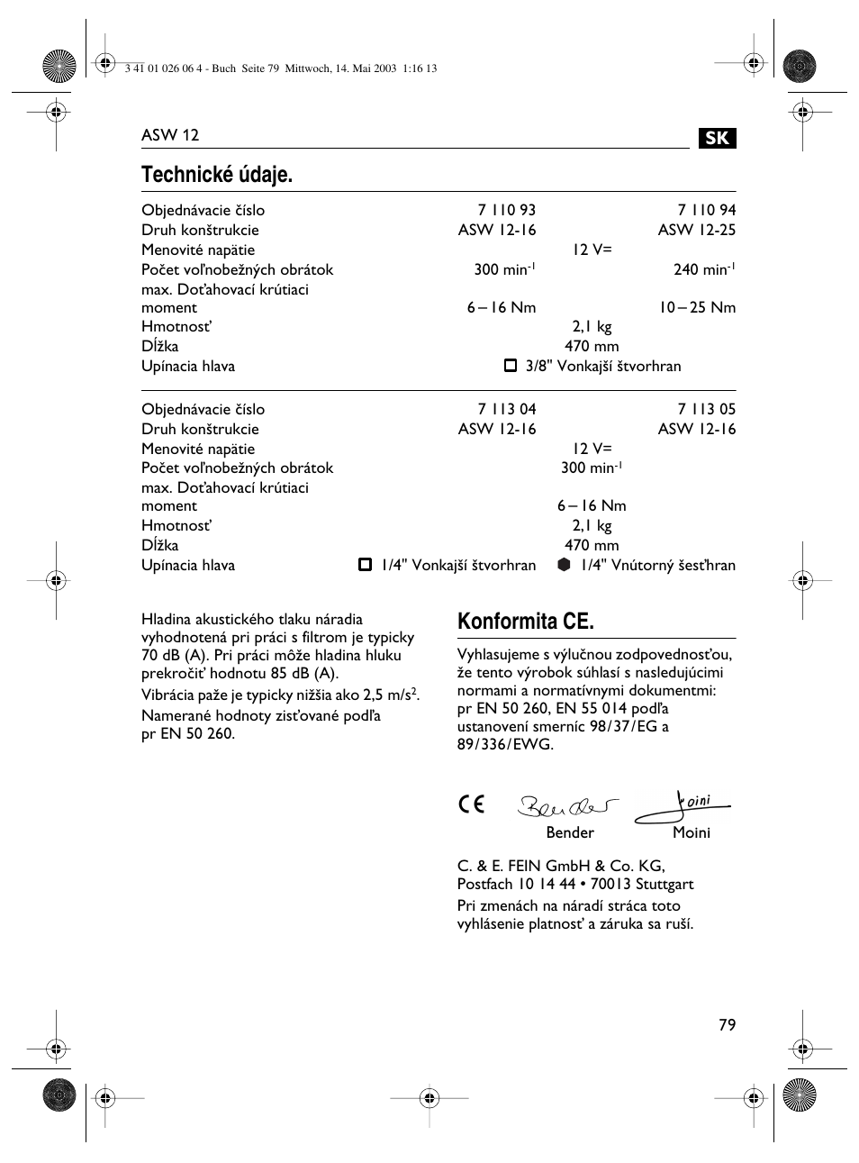 Technické údaje, Konformita ce | Fein ASW12-25 User Manual | Page 79 / 95