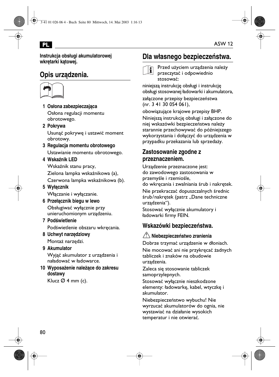 Opis urzàdzenia, Dla w∏asnego bezpieczeƒstwa | Fein ASW12-25 User Manual | Page 80 / 95