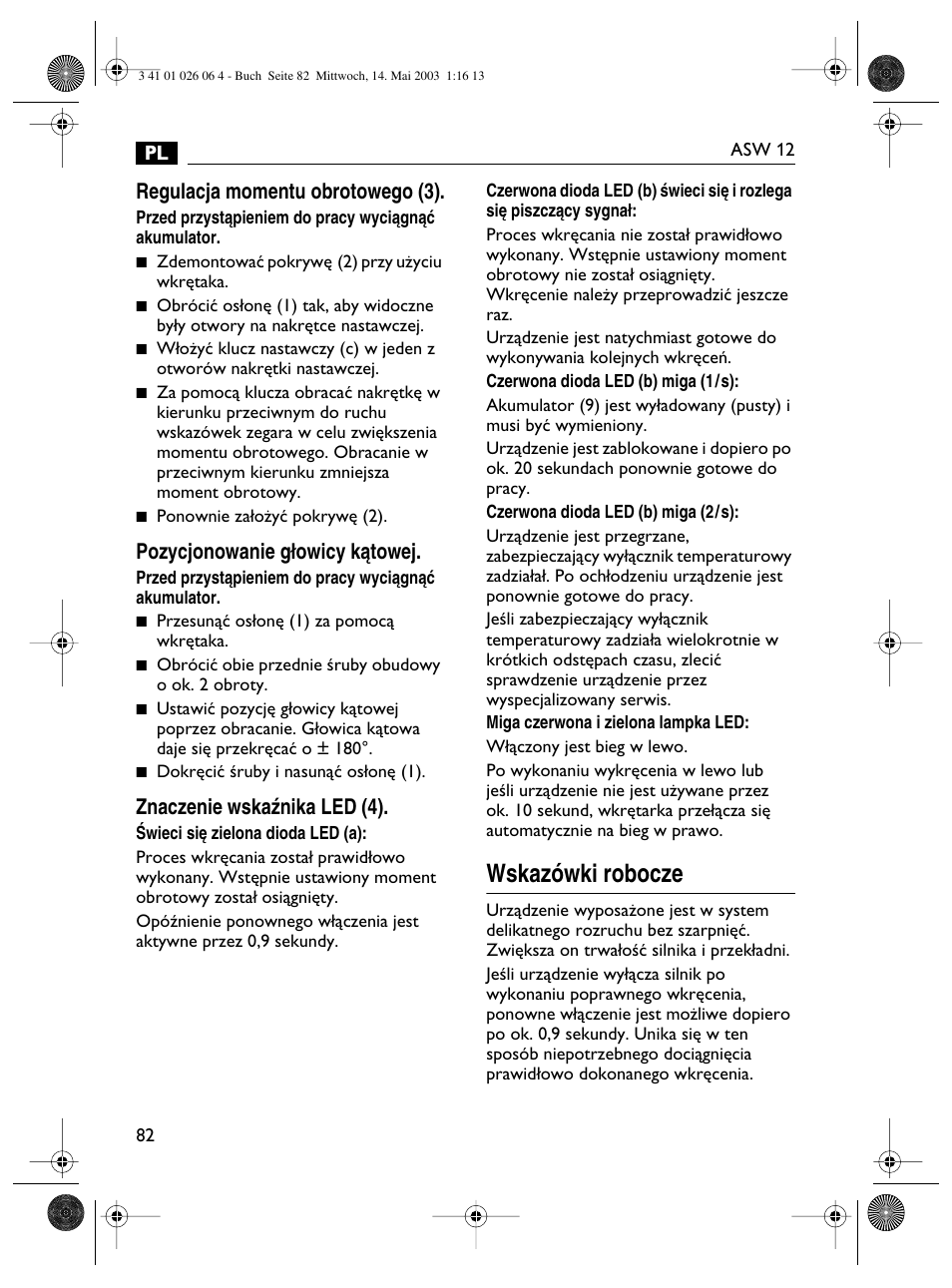 Wskazówki robocze, Regulacja momentu obrotowego (3), Pozycjonowanie g∏owicy kàtowej | Znaczenie wskaênika led (4) | Fein ASW12-25 User Manual | Page 82 / 95