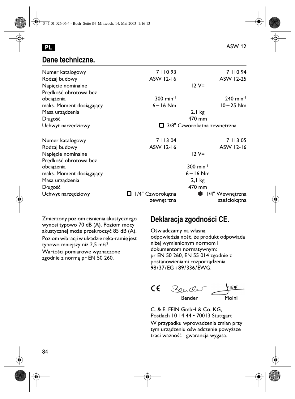 Dane techniczne, Deklaracja zgodnoêci ce | Fein ASW12-25 User Manual | Page 84 / 95