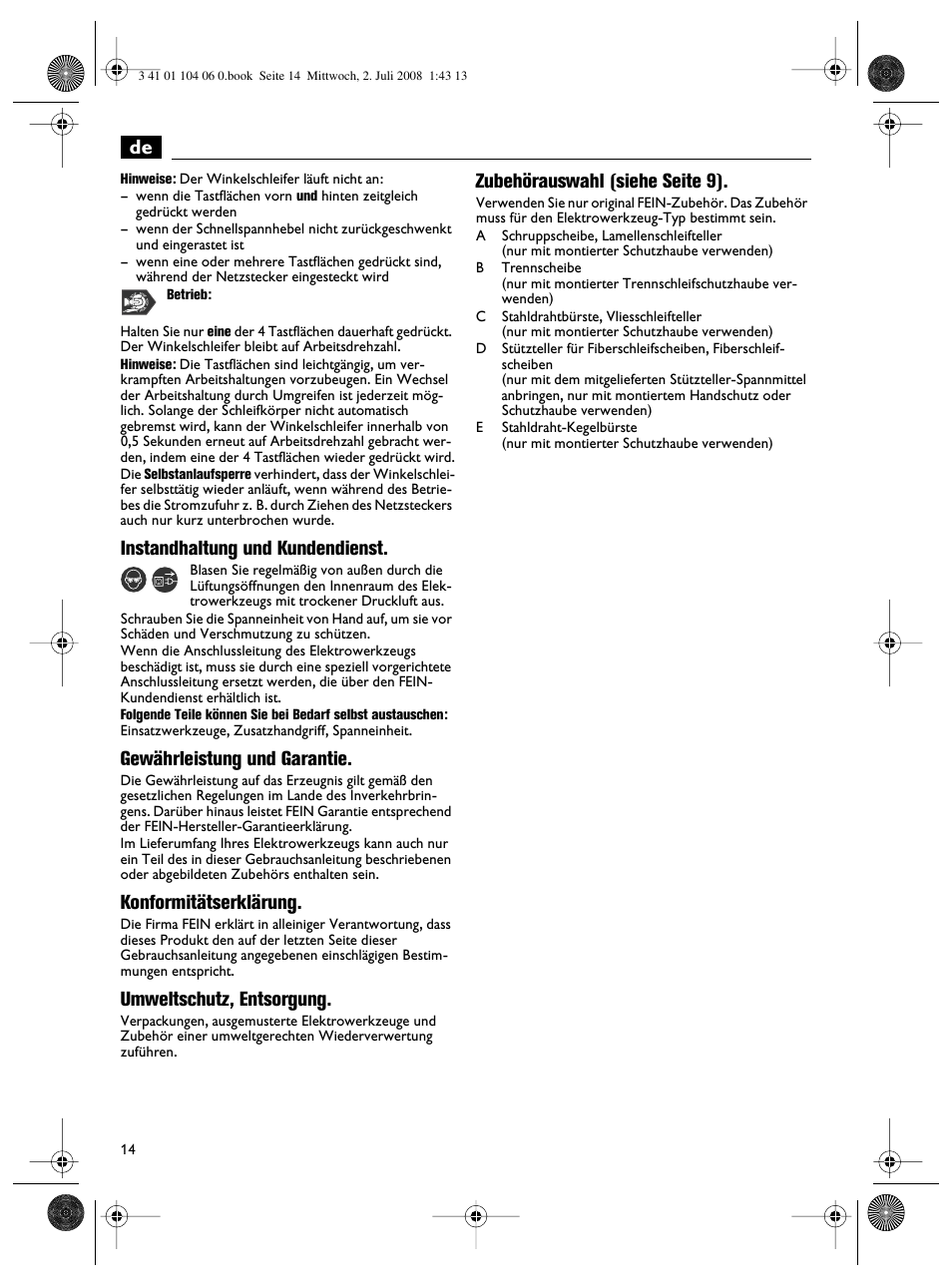 Instandhaltung und kundendienst, Gewährleistung und garantie, Konformitätserklärung | Umweltschutz, entsorgung, Zubehörauswahl (siehe seite 9) | Fein WSB-14-125T User Manual | Page 14 / 99