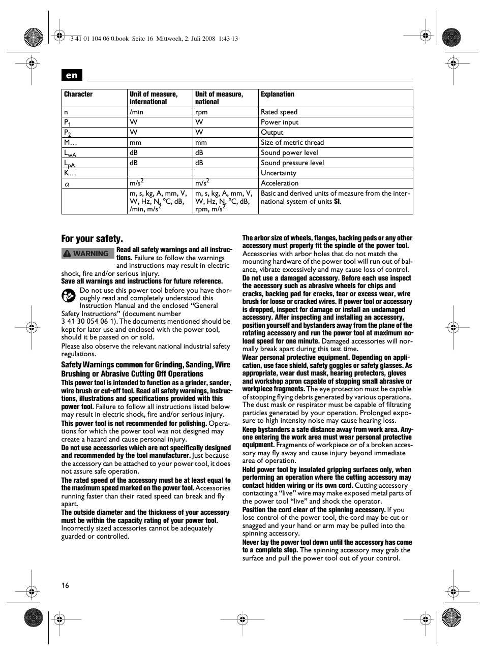 En for your safety | Fein WSB-14-125T User Manual | Page 16 / 99
