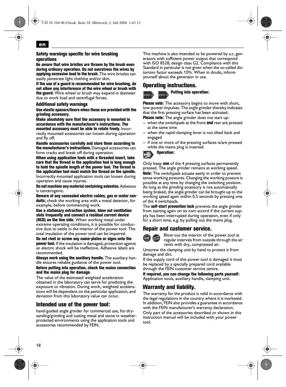 Intended use of the power tool, Operating instructions, Repair and customer service | Warranty and liability | Fein WSB-14-125T User Manual | Page 18 / 99