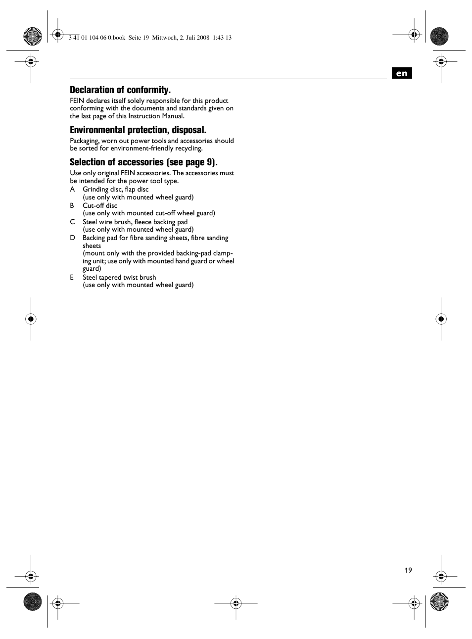En declaration of conformity, Environmental protection, disposal, Selection of accessories (see page 9) | Fein WSB-14-125T User Manual | Page 19 / 99