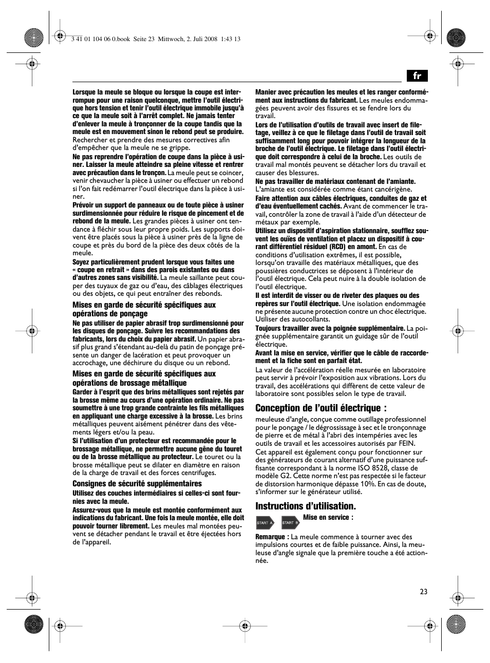 Conception de l’outil électrique, Instructions d’utilisation | Fein WSB-14-125T User Manual | Page 23 / 99