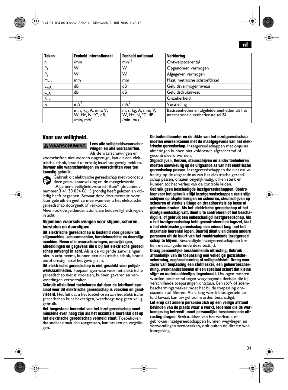 Nl voor uw veiligheid | Fein WSB-14-125T User Manual | Page 31 / 99