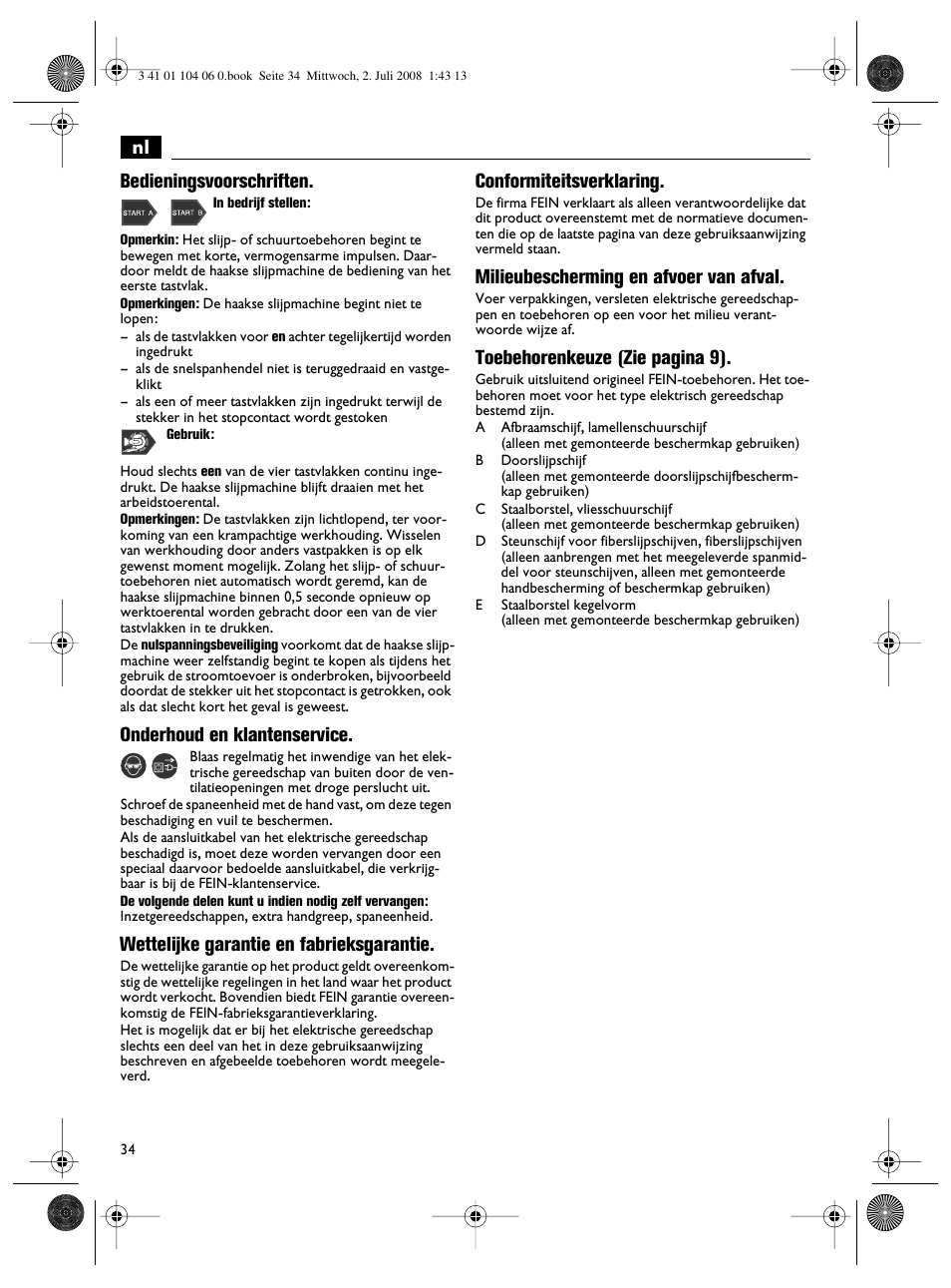 Nl bedieningsvoorschriften, Onderhoud en klantenservice, Wettelijke garantie en fabrieksgarantie | Conformiteitsverklaring, Milieubescherming en afvoer van afval, Toebehorenkeuze (zie pagina 9) | Fein WSB-14-125T User Manual | Page 34 / 99