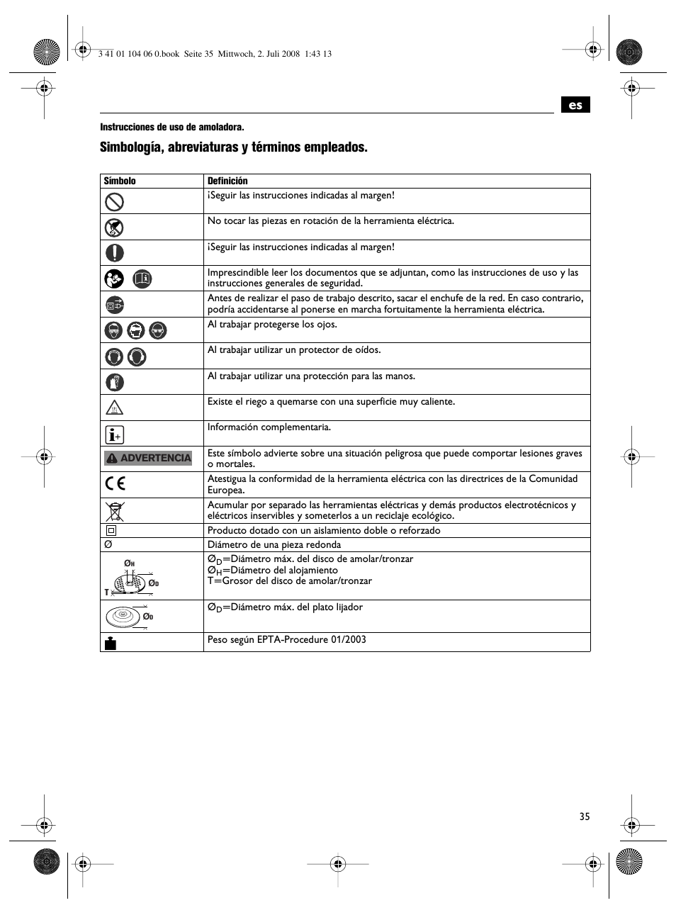 Simbología, abreviaturas y términos empleados | Fein WSB-14-125T User Manual | Page 35 / 99