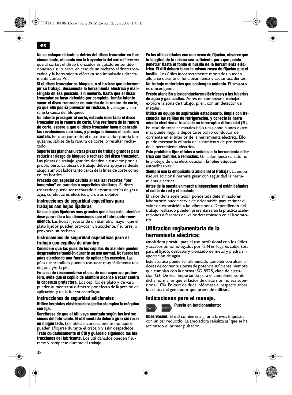 Indicaciones para el manejo | Fein WSB-14-125T User Manual | Page 38 / 99