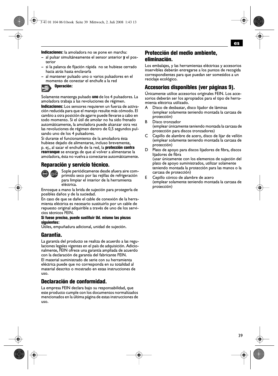Reparación y servicio técnico, Garantía, Declaración de conformidad | Protección del medio ambiente, eliminación, Accesorios disponibles (ver páginas 9) | Fein WSB-14-125T User Manual | Page 39 / 99