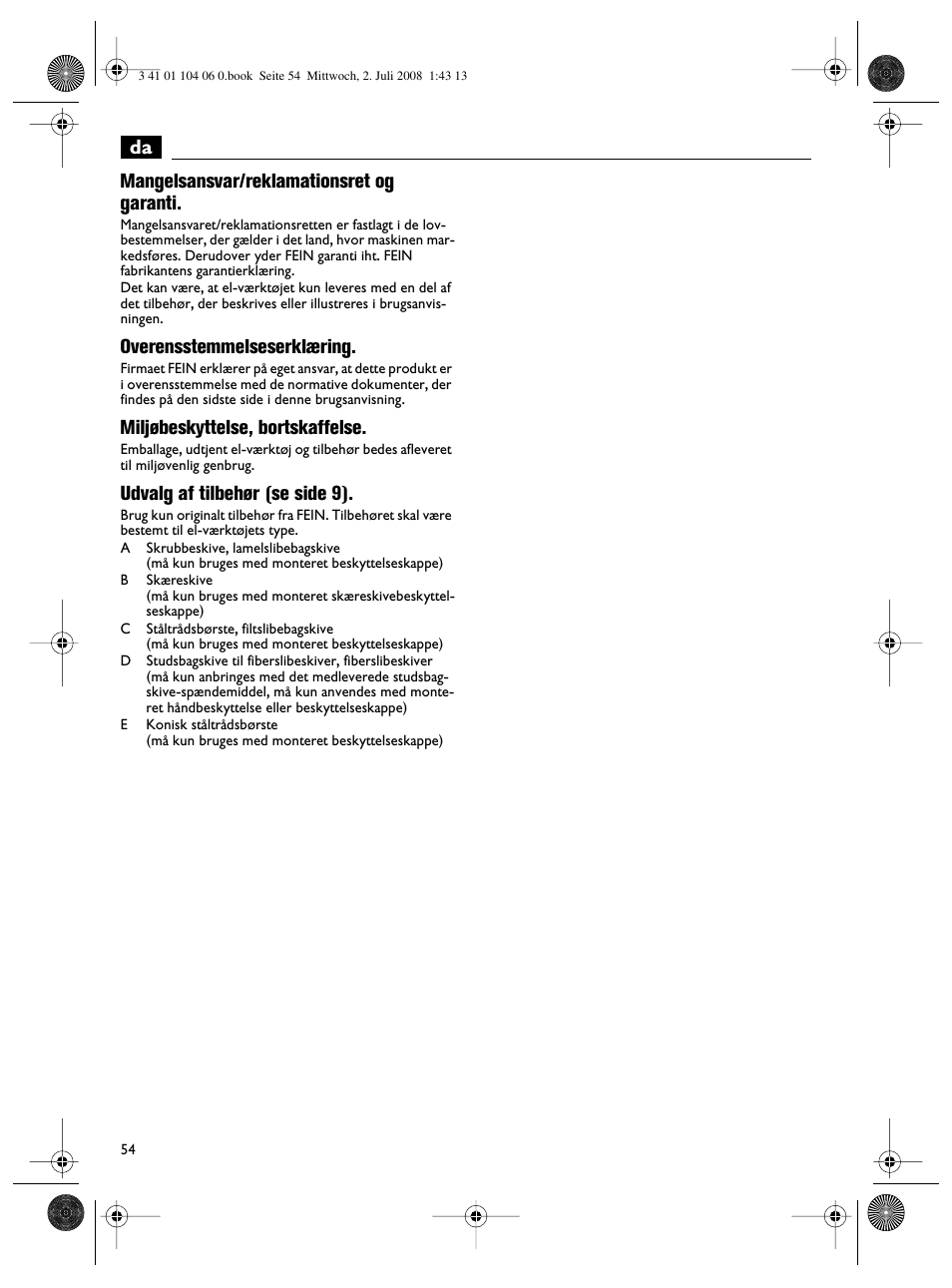 Da mangelsansvar/reklamationsret og garanti, Overensstemmelseserklæring, Miljøbeskyttelse, bortskaffelse | Udvalg af tilbehør (se side 9) | Fein WSB-14-125T User Manual | Page 54 / 99