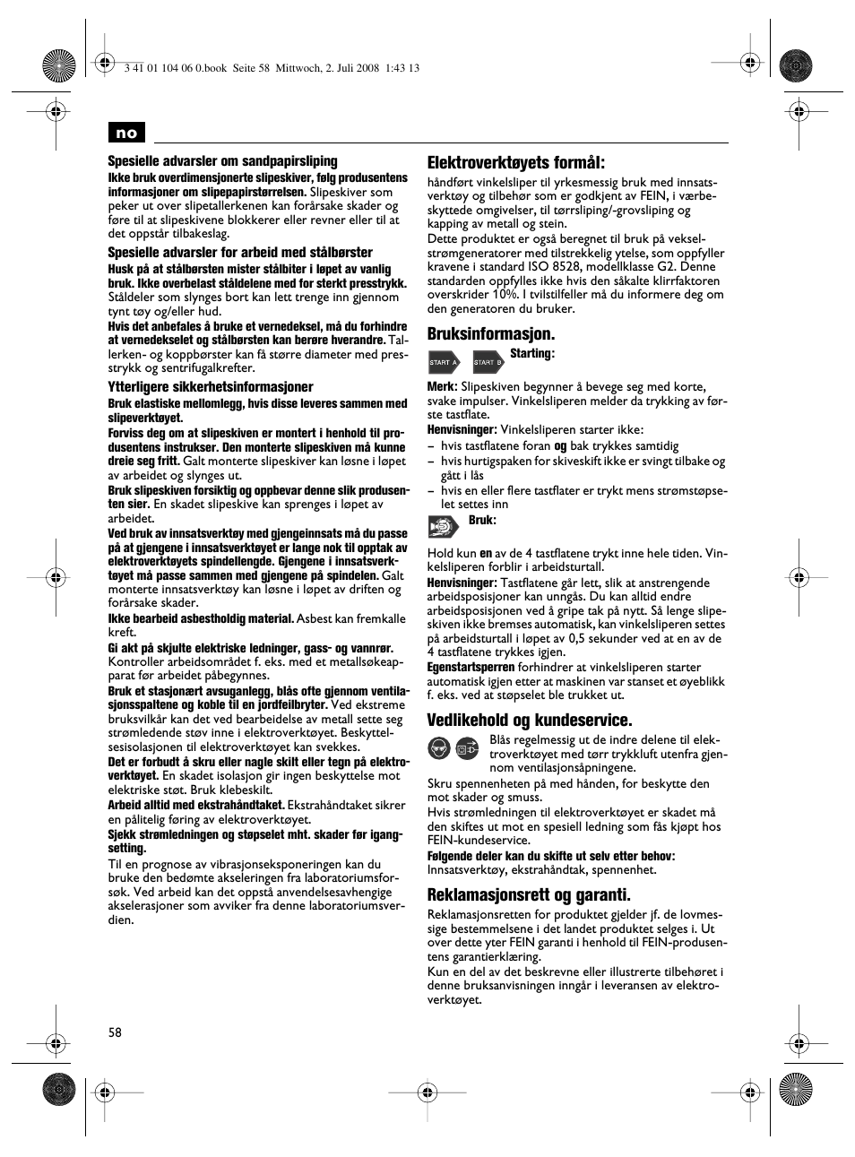Elektroverktøyets formål, Bruksinformasjon, Vedlikehold og kundeservice | Reklamasjonsrett og garanti | Fein WSB-14-125T User Manual | Page 58 / 99