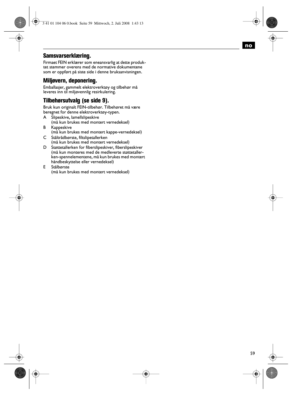 No samsvarserklæring, Miljøvern, deponering, Tilbehørsutvalg (se side 9) | Fein WSB-14-125T User Manual | Page 59 / 99