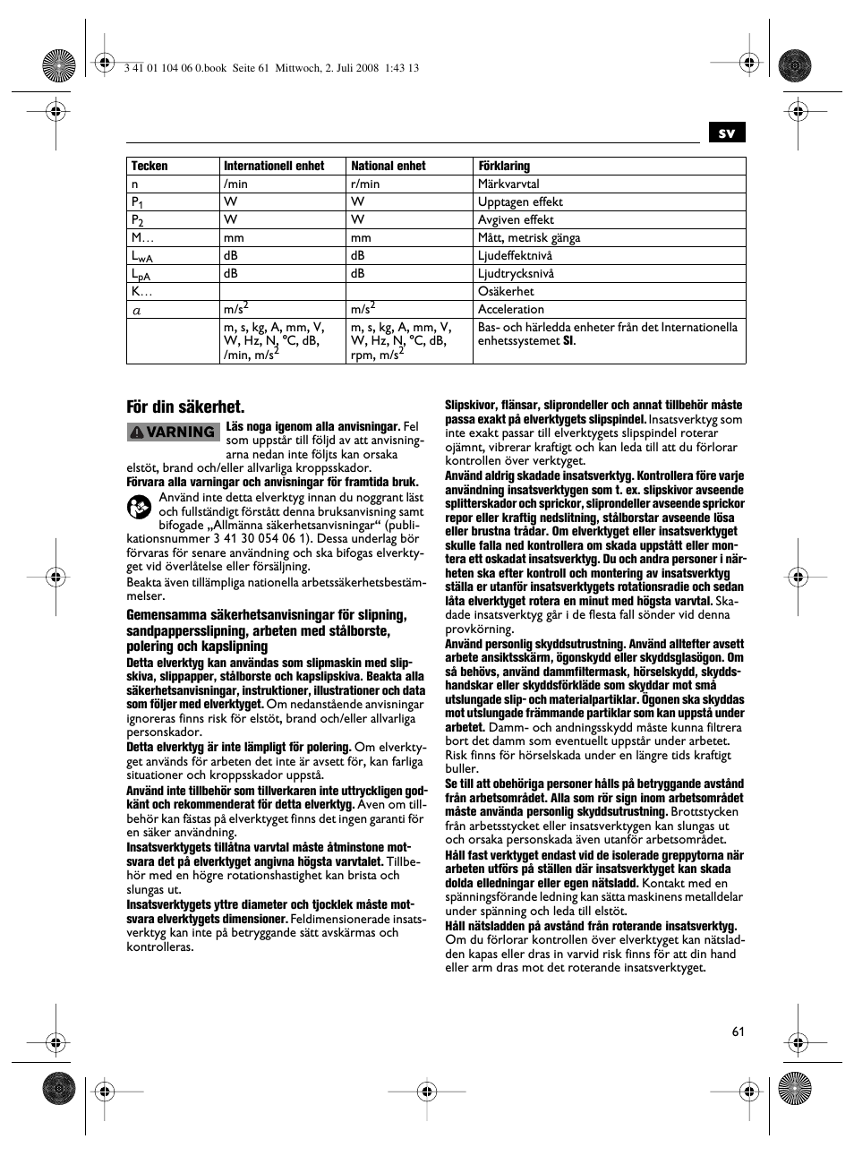 Sv för din säkerhet | Fein WSB-14-125T User Manual | Page 61 / 99