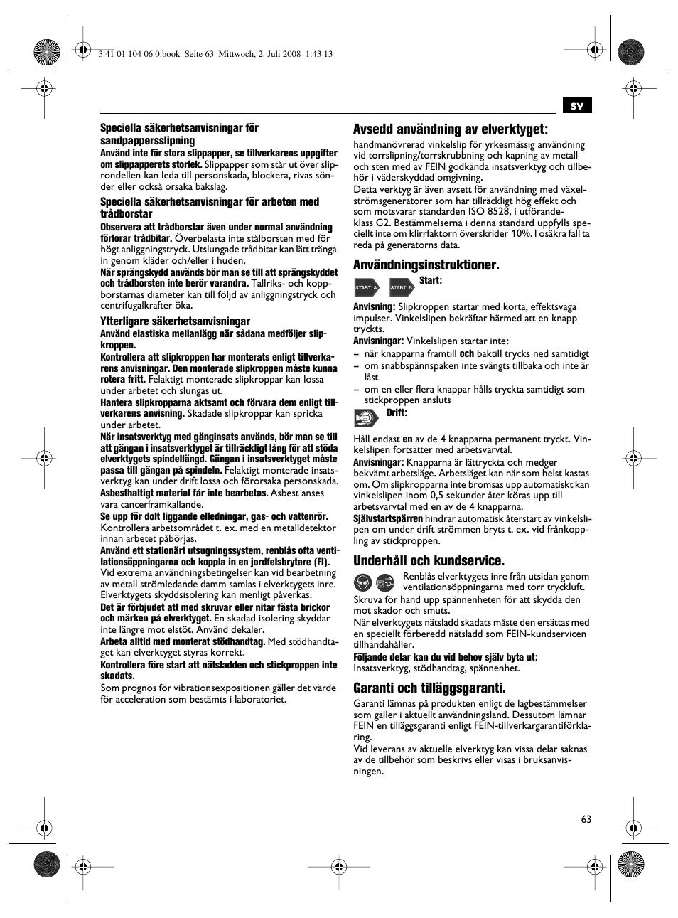 Avsedd användning av elverktyget, Användningsinstruktioner, Underhåll och kundservice | Garanti och tilläggsgaranti | Fein WSB-14-125T User Manual | Page 63 / 99