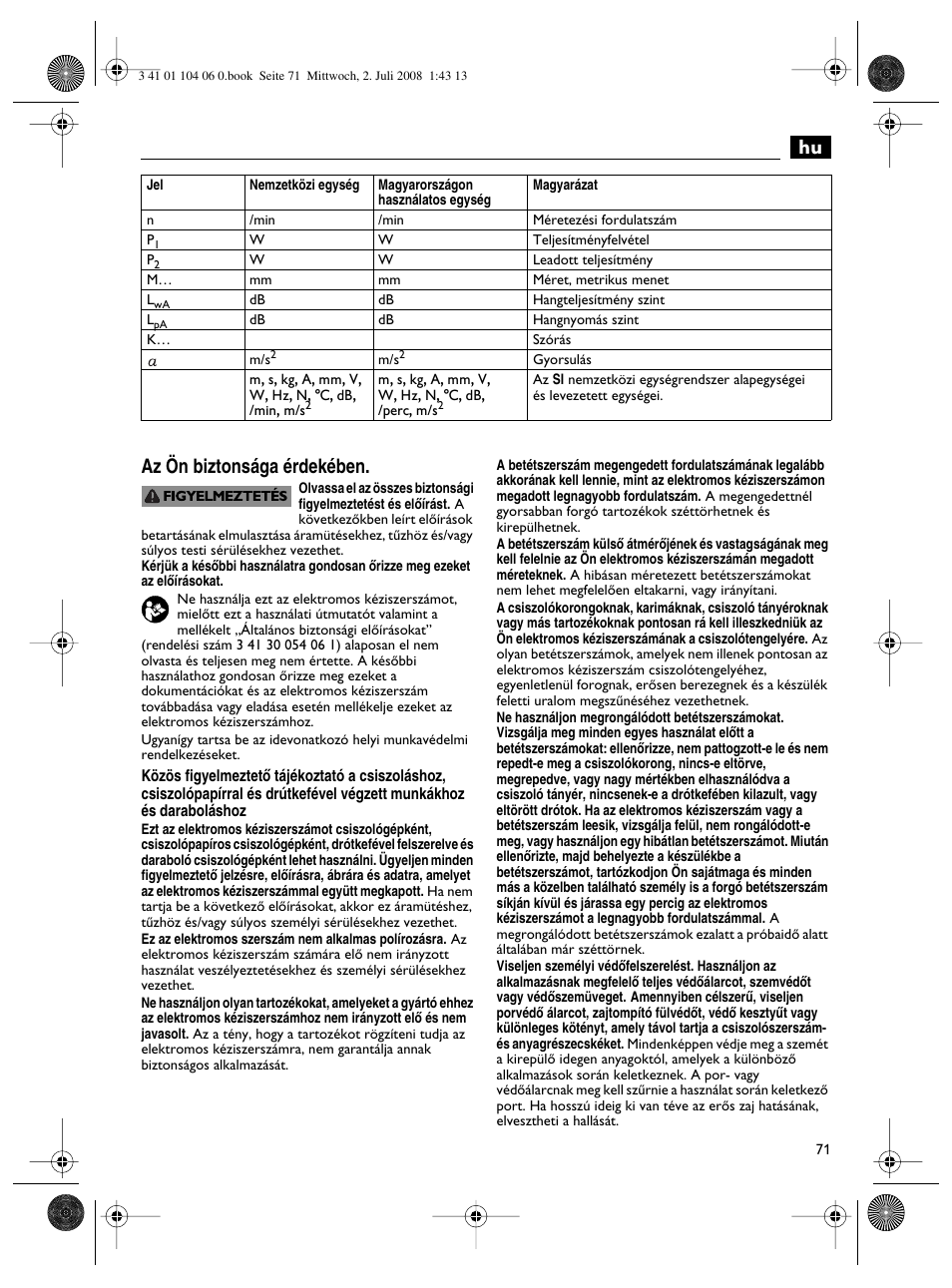 Hu az ön biztonsága érdekében | Fein WSB-14-125T User Manual | Page 71 / 99