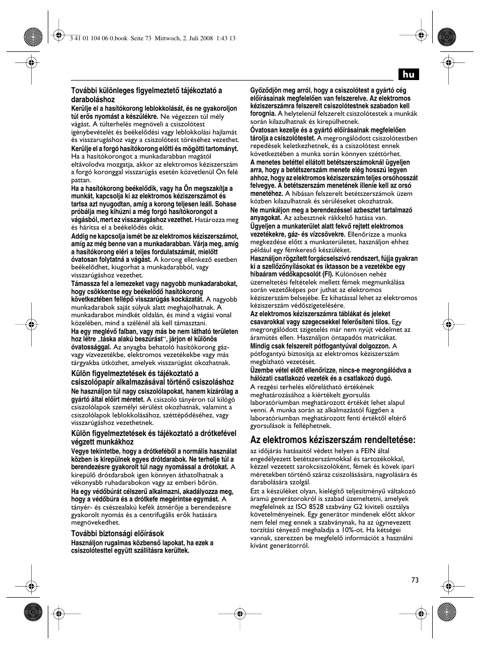 Az elektromos kéziszerszám rendeltetése | Fein WSB-14-125T User Manual | Page 73 / 99