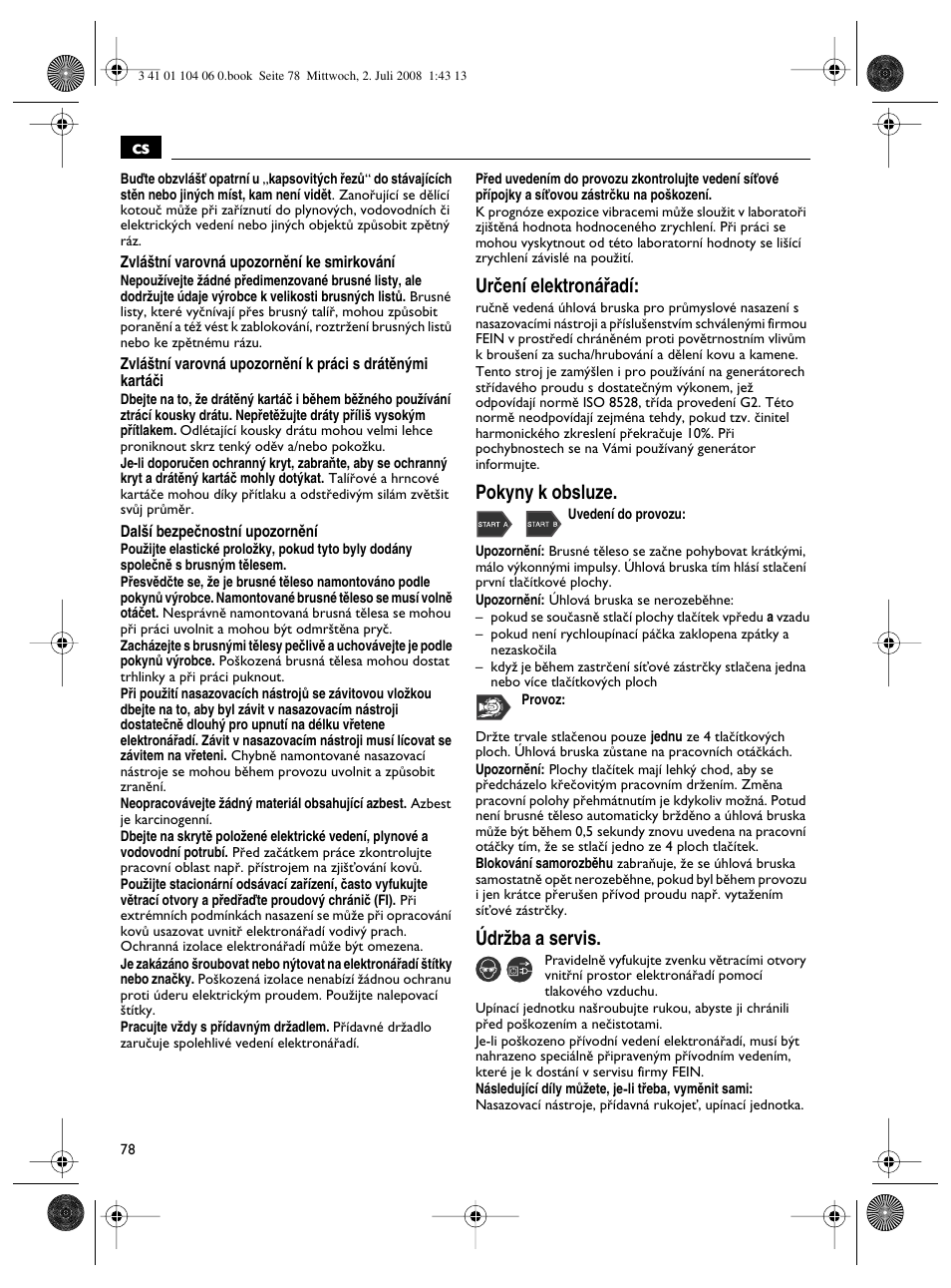 Urãení elektronáﬁadí, Pokyny k obsluze, Údrïba a servis | Fein WSB-14-125T User Manual | Page 78 / 99