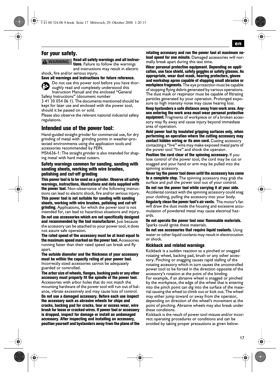 En for your safety, Intended use of the power tool | Fein MSh_636-1 User Manual | Page 17 / 82
