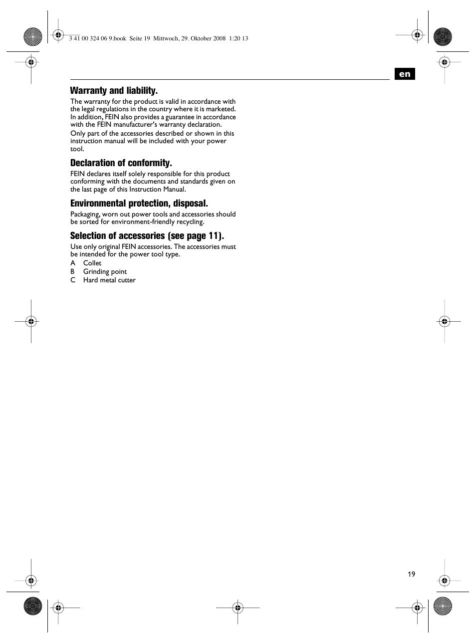 En warranty and liability, Declaration of conformity, Environmental protection, disposal | Selection of accessories (see page 11) | Fein MSh_636-1 User Manual | Page 19 / 82