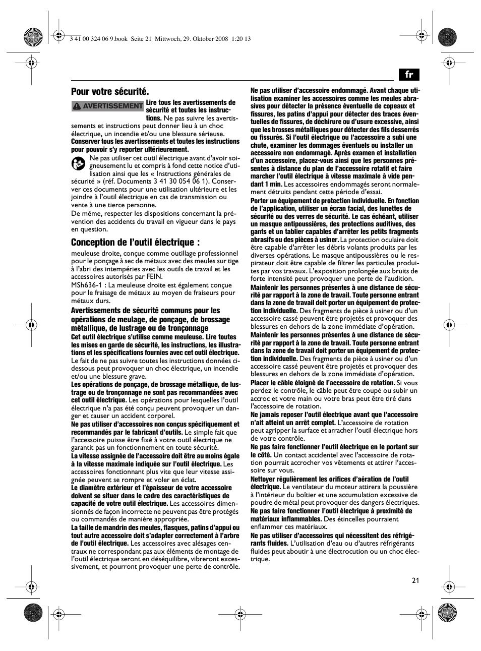 Fr pour votre sécurité, Conception de l’outil électrique | Fein MSh_636-1 User Manual | Page 21 / 82