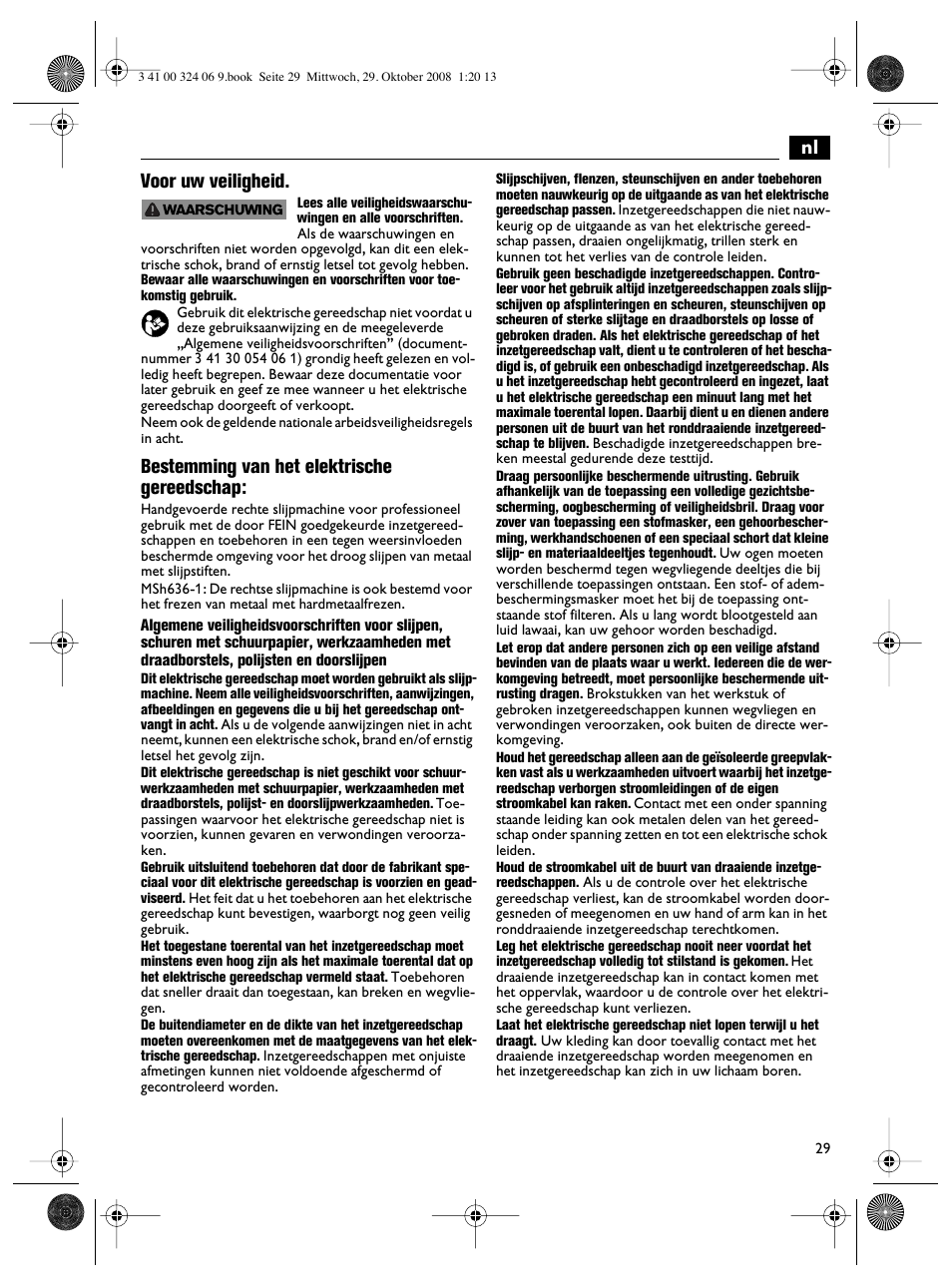 Nl voor uw veiligheid, Bestemming van het elektrische gereedschap | Fein MSh_636-1 User Manual | Page 29 / 82