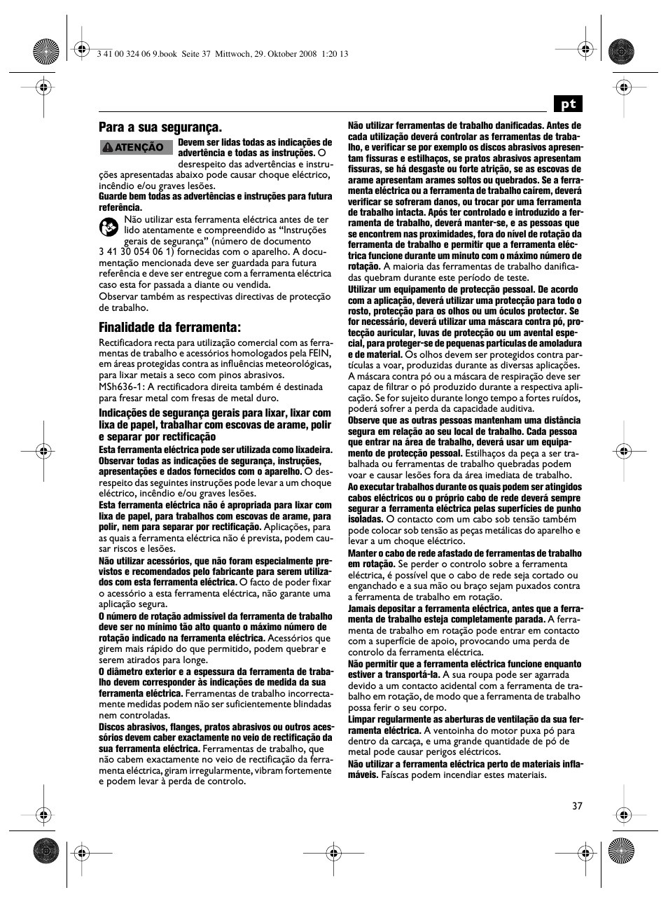 Pt para a sua segurança, Finalidade da ferramenta | Fein MSh_636-1 User Manual | Page 37 / 82