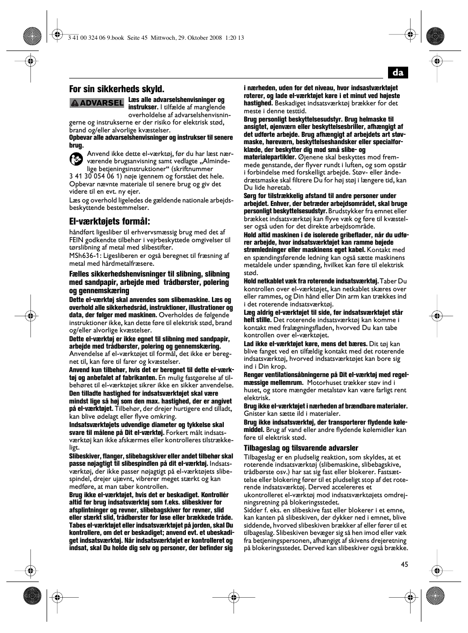 Da for sin sikkerheds skyld, El-værktøjets formål | Fein MSh_636-1 User Manual | Page 45 / 82