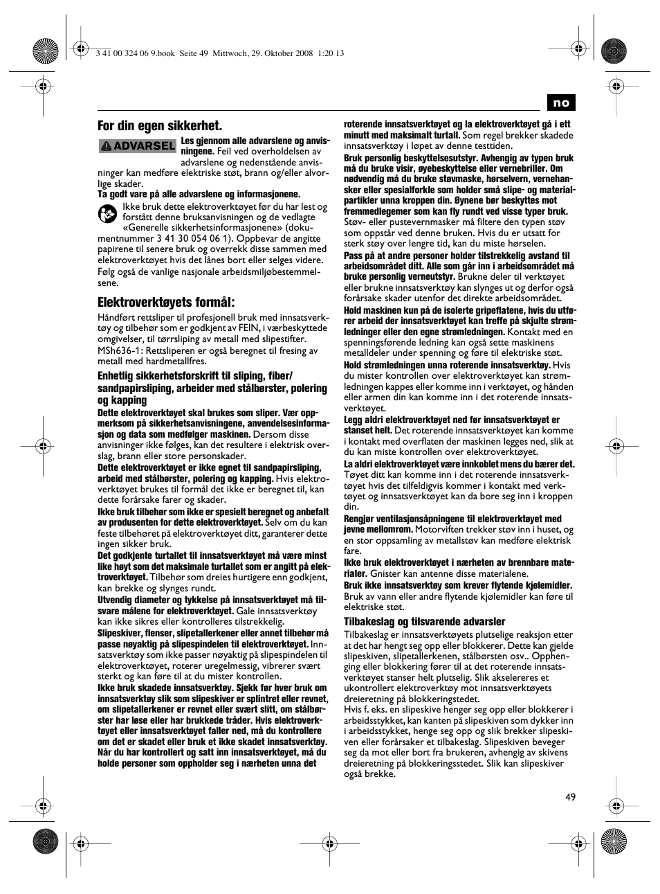 No for din egen sikkerhet, Elektroverktøyets formål | Fein MSh_636-1 User Manual | Page 49 / 82
