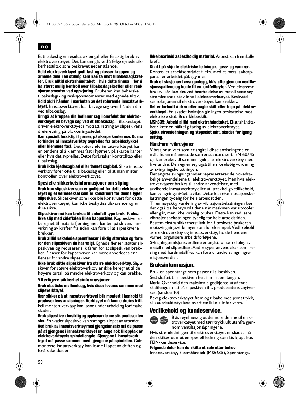 Bruksinformasjon, Vedlikehold og kundeservice | Fein MSh_636-1 User Manual | Page 50 / 82