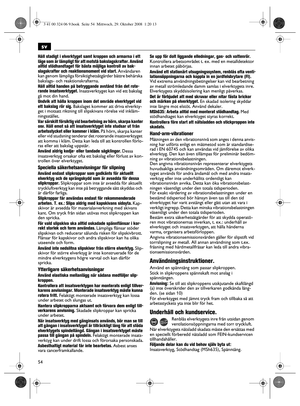 Användningsinstruktioner, Underhåll och kundservice | Fein MSh_636-1 User Manual | Page 54 / 82