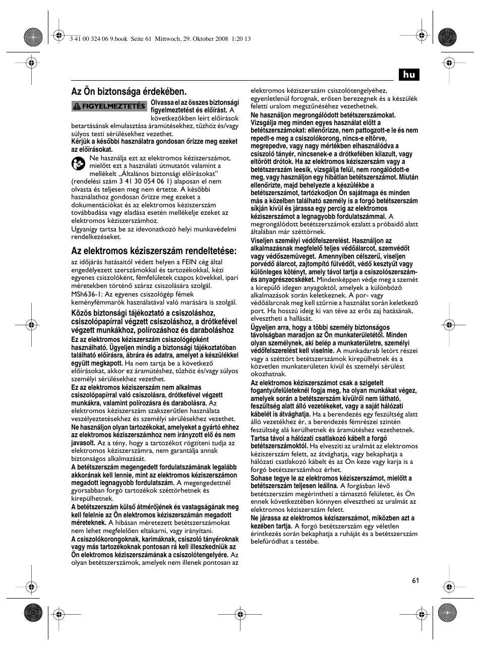 Hu az ön biztonsága érdekében, Az elektromos kéziszerszám rendeltetése | Fein MSh_636-1 User Manual | Page 61 / 82