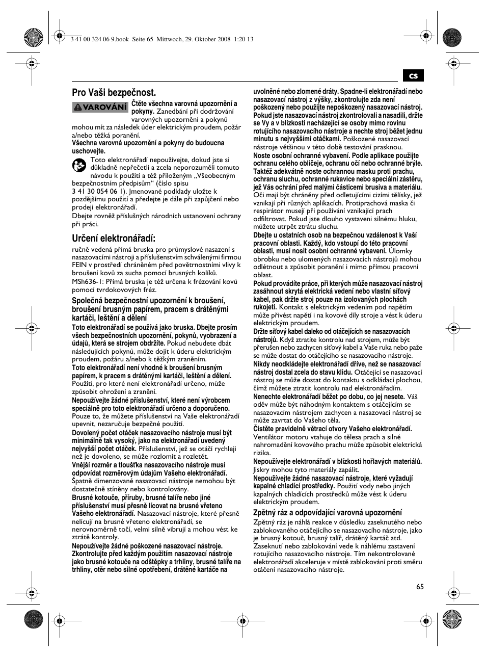 Cs pro va‰i bezpeãnost, Urãení elektronáﬁadí | Fein MSh_636-1 User Manual | Page 65 / 82