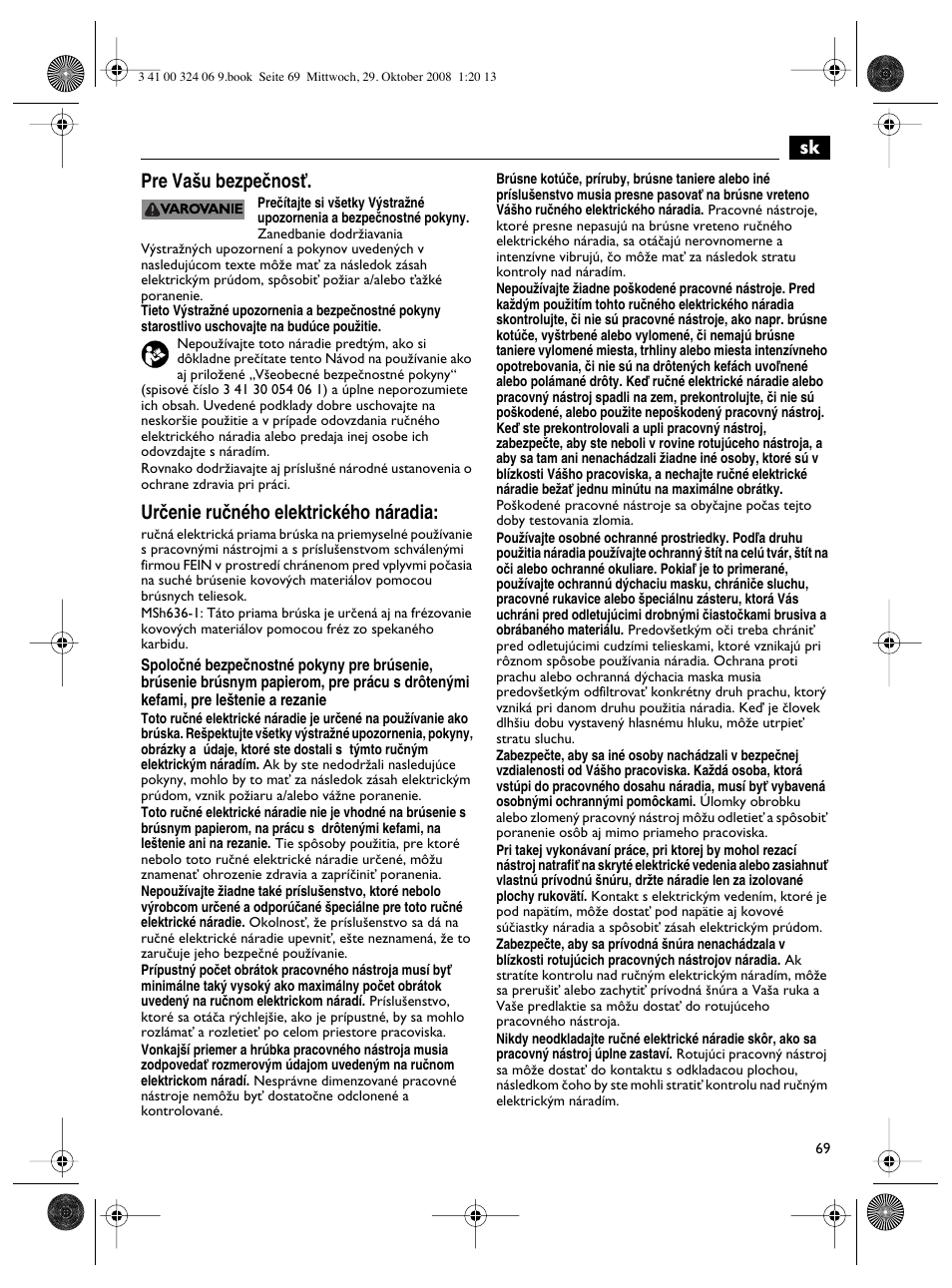 Sk pre va‰u bezpeãnosè, Urãenie ruãného elektrického náradia | Fein MSh_636-1 User Manual | Page 69 / 82